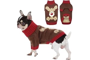 Hjumarayan Pull Noel Chien, Sweat Chaud avec Motif Renne Pull Over Hiver Col Roulé avec Ouverture pour Laisse, pour Chihuahua, Chiot Poméranien, Petit Yorkie, Marron XS