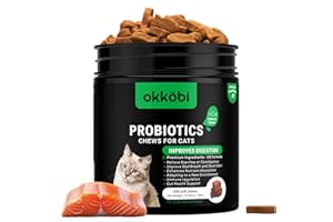 OKKÖBI Probiotics for Cats Chews 200PCs - Digestive, Gut Health & Diarrhea Support - Probiotic Chews For Feline - Expert approved US Formula with Cat Probiotics, Enzymes & Natural Ingredients - Salmon
