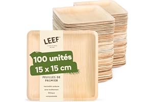 Leef – Assiettes en Feuille de Palmier Carrées – Vaisselle Jetable Compostable et Naturelle – Écologique, Idéal Fête et Traiteur (15 x 15 cm)