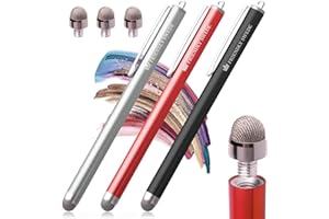 The Friendly Swede Penna Touch per Touchscreen con Punta Ibrida Sostituibile in Microfibra + 3 Punte di Ricambio + 3 Cordini Elastici Salvapenna + Panno per Pulizia (Set di 3 Penne Touch) (Rosso+Nero+Argento)