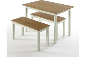Zinus, Juego de mesa y banco de madera Becky de 114 cm con dos bancos, Conjunto de tres piezas de madera maciza estilo casa de campo, Montaje sencillo
