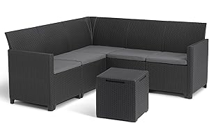 Keter Nora - Conjunto sofá esquinero de jardín o terraza Exterior, 5 plazas con Cojines incluidos y Mesa de almacenaje Auxiliar de 35 L, Color Grafito