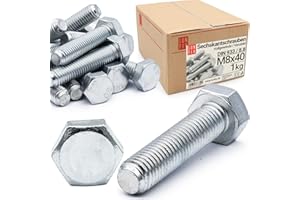 Vite testa esagonale M8x40 DIN 933 Filo pieno-FK 8.8-zincato acciaio resistente, bulloni m8 per fissaggi, viti per montaggio tecnica robusta 47 pezzi per officina e lavori Lun Fix