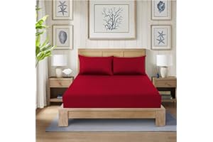 CHARKHAH Polycotton Fitted Sheet for Single Double King Super King Bed 200 Thread Count Anti Wrinkle Plain Bedding 25 cm Extra Deep Fitted Sheets Cover with Elastic Edges (Red, Single)