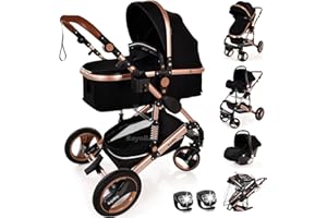 BAYOBAY Baby Stroller 3 in 1 Pram Pushchair Buggy Child Lightweight Folding Stroller 3 in 1 Travel System Pram for Newborns Toddlers from Birth Aluminium New Upgraded 2025 Style (Black - Rose Gold Frame)