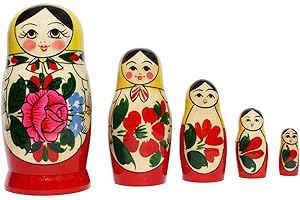 N_FROMM Matroschka Semenovskaya Babuschka Puppen russische Matrjoschka Original Klassisch Gelbes Tuch Set aus 5 Holzpuppen in Höhe 11cm