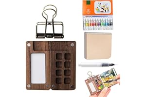 OANMARG Travel Paint Palette, Portable Watercolor Set with Clip and Water Pen, Wooden Paint Palette, Mini Watercolour Sketchbook for Painters Artists Students (8 grids +12 watercolors)