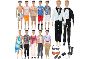 CARREUTY 19 Pièces Vêtements Accessoires Compatible avec Ken, 1 Top 3 Manches Courtes 2 Manches Courtes 2 Plage 4 Chaussures 1 Lunette 1 Planche de Surf, Style Décontracté, Vêtements