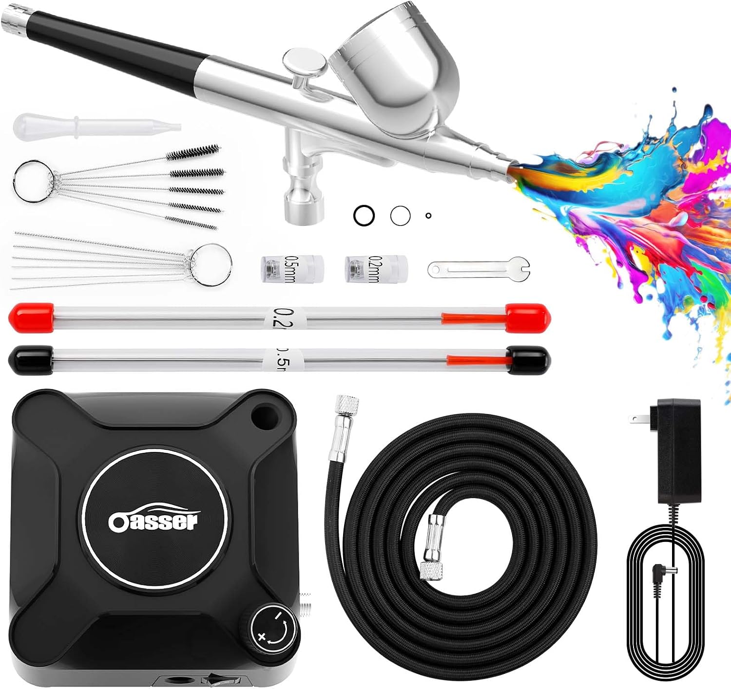 Oasser Kit Aerógrafo con Compresor Profesional Airbrush 36PSI Doble Acción Juego Pistola Regulación Voltaje Continua Modelos Decoración Tartas Uñas