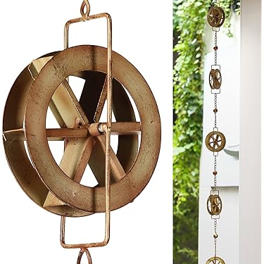 AINISIS Regenkette Mit 5 Wasserrädern & Glocke, 1,5 M, Blau Handbemalt – Dekorative Gartenkette Für Dachrinnen & Fallrohre
