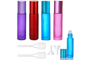 laeeyin 4 Stück Leer Glas Roll-on Flaschen mit Edelstahl-Roller，Für ätherische Öle, Lotionen, Parfums, 4-farbig Roller Leere Flaschen für Zuhause Reisen