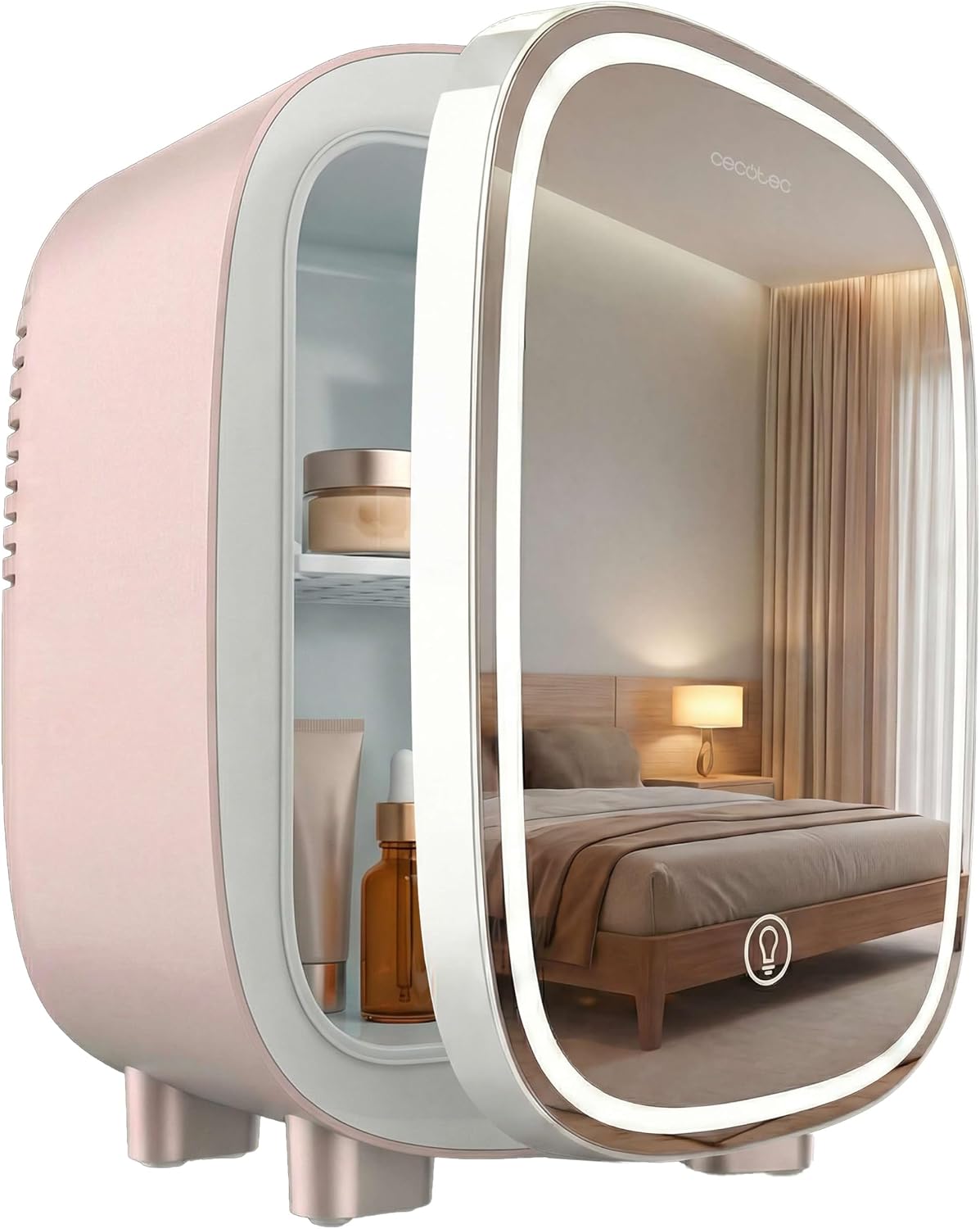Cecotec Nevera Pequeña de Cosméticos 4L con Espejo CoolingBeauty 4000 Mirror Rose. Luz LED con 3 Intensidades, Hasta 5ºC de Enfriamiento, Asa Superior, Bajo Ruido, Incluye un Estante Interior