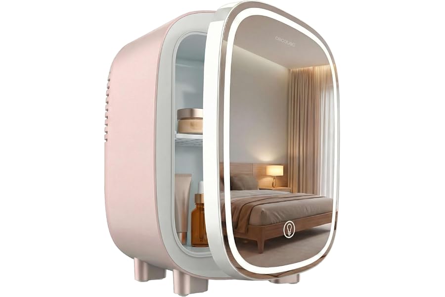 Cecotec Nevera Pequeña de Cosméticos 4L con Espejo CoolingBeauty 4000 Mirror Rose. Luz LED con 3 Intensidades, Hasta 5ºC de E