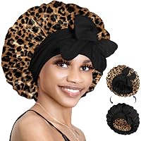Seidenhaube Zum Schlafen – Doppellagige Satinhaube, Verstellbar, Für Lockiges Haar (Schwarz/Leopard)