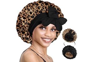 BONNET QUEEN Bonnet Satin Cheveux Nuit pour Dormir, Bonnet en Satin Double Couche Reversible pour Cheveux Charlotte Locks Bouclés, Ajustable avec Long Elastique pour Femmes et Hommes, Léopard,Moyen