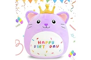 AMFUN 10" Happy Birthday Stuffed Animal,Purple Birthday Cat Plush Pillow, Soft Puppy Plush Toy Gifts for Kids Toddlers-25CM