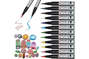DIGIELE Rotuladores de Pintura Acrílico para Piedras, 12 Colores Punta de Pincel Permanente Marcadores Dibujar en Ceramica, Metal, Plastico, Porcelana, Tazas & DIY Art, Regalo para Niños