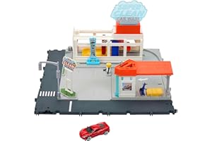 Matchbox Myjnia samochodowa Zestaw z realistycznymi światełkami i dźwiękami, funkcjami aktywowanymi ręcznie/pojazdem oraz 1 samochodzik Matchbox, łączy się z innymi zestawami, HNJ54