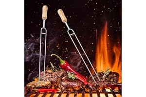 Stainless Steel Barbecue Fork Wooden Handle U-Shaped Grill Skewers Fork for Outdoor Picnic Camping BBQ