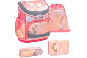 Belmil ergonomischer Schulranzen Set 4 -teilig für Mädchen 1, 2 Klasse Grundschule/Super Leicht 800-860 g/Brustgurt/Einhorn, Regenbogen/Lila, Rosa (405-33 Marble)