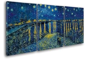 Giallobus - Quadri Grande Formato XXL - Vincent Van Gogh - Artisti Famosi - Notte Stellata sul Rodano - Tela Canvas - 218x100cm | 3pcs. x 70x100cm - Pronto da Appendere - Quadri Moderni per la casa
