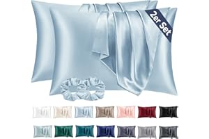 Vielit Set di 2 Federa Raso Cuscino Satin Pillowcase Hellblau,Simili Morbidi Come Federa Seta Cuscino 50x80,più Facile Curare alla Federe Seta per Capelli e Pelle,Chiusura a Busta & Scrunchies