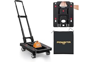 POWSTR Ronlap Folding Hand Truck, 4 Wheels Fold Up Hand Cart with 2 Elastic Ropes, Portable 225KG Capacity Heavy Duty Luggage Cart, shopping trolley on wheels for Car House Office Luggage Moving, Black