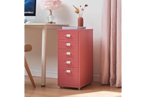 [en.casa] Kontorslåda 5 lådor rullande förvaringsskåp organisatör för dokumentmappar med etiketthållare kontorsmaterial robust modernt stål 69 x 28 x 41 cm vattenmelonröd