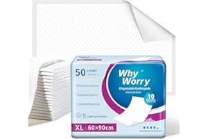 WhyWorry Alèses Jetables 60x90 cm Imperméables, Matelas de Lit Protections pour Adultes Incontinence et Fuites Urinaires, Tapis Absorbant Educateur Chien Animaux, Contrôle des Odeurs, 50 Unités