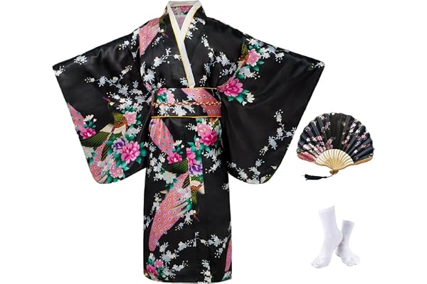 Kimono Japonais Fille à Double Couche Motif Paon avec Obi et Coussin Dorsal - Ensemble Déguisement Fille avec Éventail et Chaussettes Tabi - Kimono Enfant Cosplay pour Carnaval, Spectacle et Fête