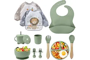 Cubiertos Bebe,Juego de 12 Piezas Platos Bebe con Ventosa, Baby Led Weaning,Cubiertos Infantiles,Juegos de Vajilla Bebe,Cuchara Bebe,Babero Silicona Bebe,Plato de Silicón Antideslizante Sin BPA