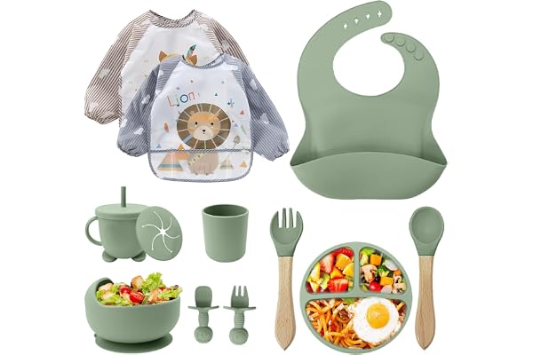 CUBTEM Assiette Bebe,Lot de 12 Set Repas BéBé, Bol Cuillere Bebe,Bavoir Silicone Bebe,Assiette Ventouse Pour BéBé,Enfant Set Couverts Vaisselle Pour Sevrage Manger