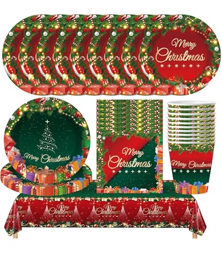Set Stoviglie Di Natale Per 24 Persone - 96 Pezzi Con Piatti, Bicchieri, Tovaglioli, Motivi Natalizi, Per Feste E Cenone