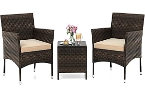 COSTWAY 3-Piece Patio Bistro Set, PE Rattan Furniture Set with Soft Cushions and Tempered Glass Top Table, Outdoor Furniture Wicker Conservatory Set for Balcony, Backyard & Poolside (Beige+Mix Brown)
