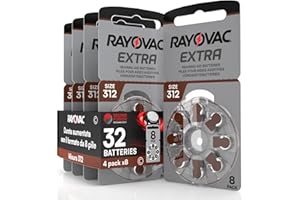 UDIVITA 32 Rayovac Hearing Aid Batteries Size 312 (Brown) PR41 Zinc-Air with Sound Fusion Technology - 4 Blisters of 8 Batteries