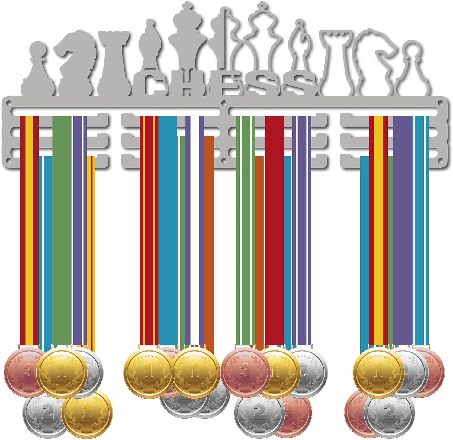 CREATCABIN Perchero Medallas Ajedrez,Soporte Medallas,Colgadores Deportivas,Premios Colgantes,Marco Montaje Pared,Decoración Hierro para Medallista Ajedrez,Bastidores Organizadores Plateados 40x15cm