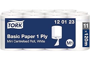 Tork 120123 Standard Papierwischtücher für M1 Mini Spender mit Innenabrollung - Wischtücher aus Papier in Weiß, 1-lagig & ungeprägt - 11 Rollen x 120 Meter, unperforiert (21,5 cm)