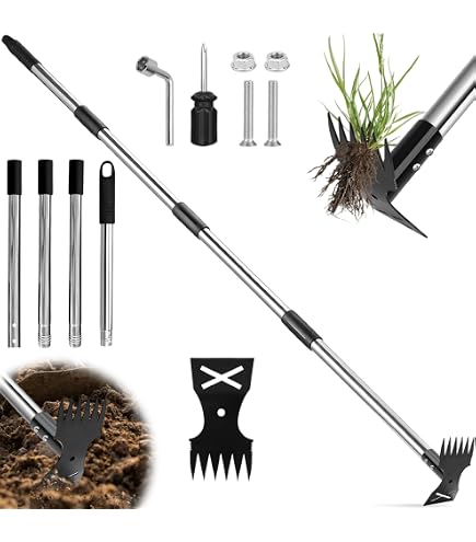 DEWINNER Estrattore Manuale Erbacce con 4 Tappi in Acciaio e Pedale, Estirpatore in Piedi Diserbante Erbacce Sarchiatore Attrezzi da Giardino, Strumento Diserbatrice Manuale Prato Manico Lungo 100cm