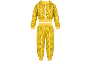 Agoky Conjunto de Danza Jazz Hiphop para Niñas con Lentejuelas Brillante Chaqueta Cremallera y Pantalones Brillante de Baile Moderno Disfraz de Baile