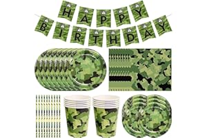 LKNBIF Juego de vajilla de Camuflaje para Fiestas de Camuflaje, Platos de Papel de cumpleaños, servilletas, Tazas de Papel para Decoraciones de Fiesta temáticas de Camuflaje, 61 Piezas-10 Invitados