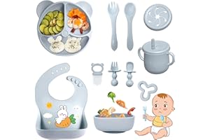 Bizcasa Vajilla Bebe Silicona, 11 Piezas Vajilla de Silicona para Bebés Antideslizante, Con Plato Cuenco Babero Taza, Cubiertos Bebe para comer destete, Sin BPA (Gris)