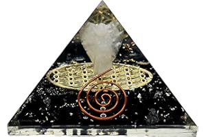 AMAZING GEMSTONE Piramide orgonica di tormalina nera per protezione da campi elettromagnetici e energia negativa | Piramide di cristallo di tormalina nera naturale (Angelo custode - Fiore della vita)