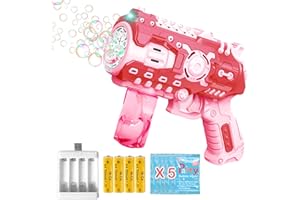 DUOLEEY Pistola Macchina per bolle di Sapone con 5 Liquido Ricarica Bolle di Sapone Set di Batterie Ricaricabili Rosa