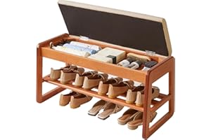 Aibiju Wood Shoe Storage Bench with Flip-Top Storage, 2-Tier Entryway Shoe Bench, 31.5in Shoe Rack with Cushion for Living Room, Hallway, Bedroom, Cherry Wood Color YD-WD061C