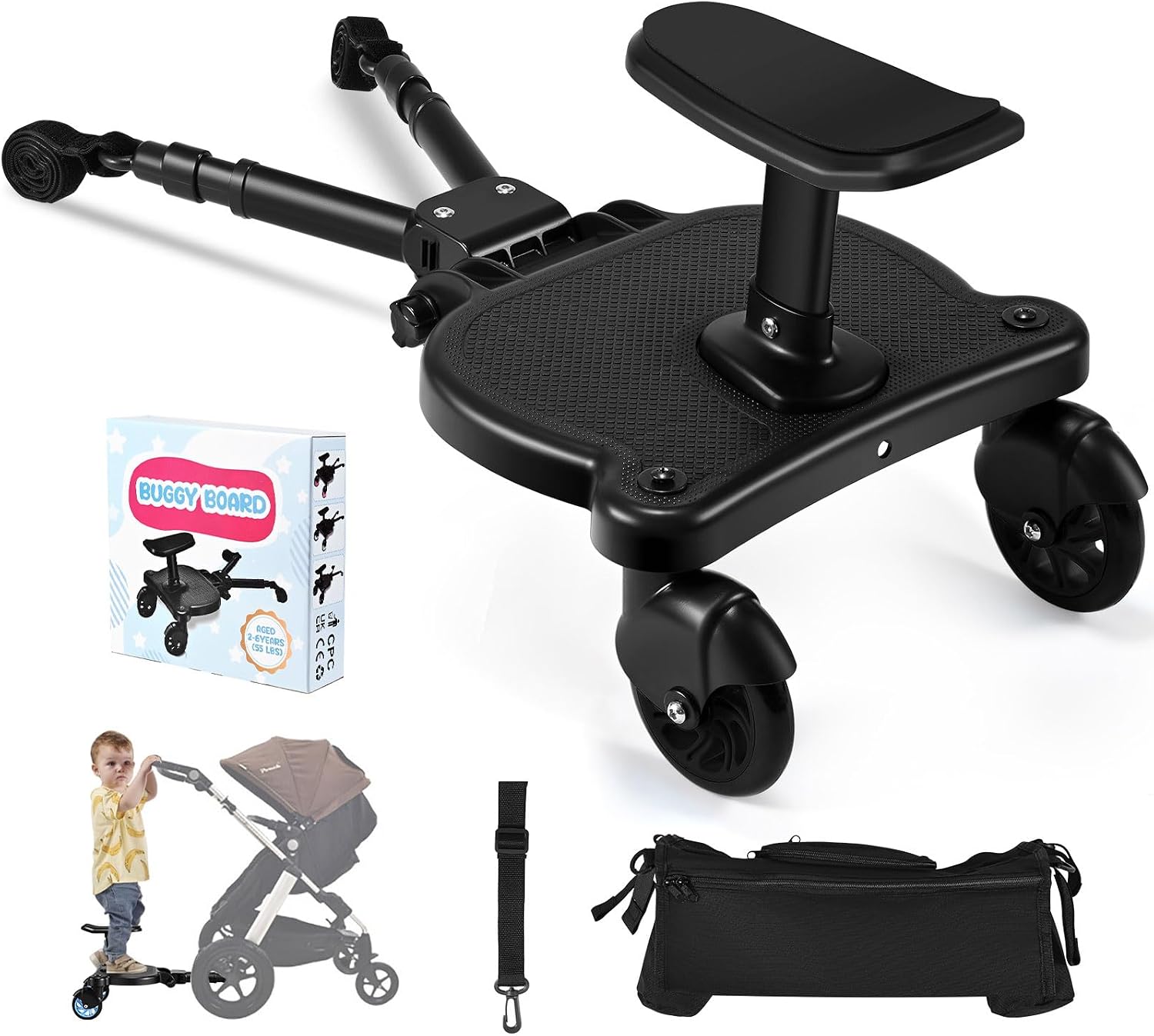 BugyKido Universal Buggy Board with Seat, Kiddy Board with Pram Organiser Bag, Pram Standing Board Compatible with Over 99% of Pushchairs, for Children from 2-6 Years, Load 25 KG(Black)
