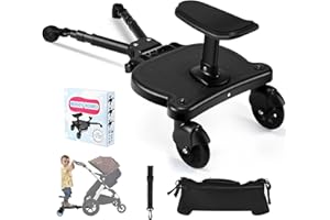 BugyKido Universal Buggy Board with Seat, Kiddy Board with Pram Organiser Bag, Pram Standing Board Compatible with Over 99% of Pushchairs, for Children from 2-6 Years, Load 25 KG(Black)