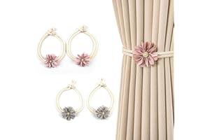 HASLED Fermatenda 4 Pezzi - Lacci per Tende Regolabili Senza Fori - Decorazione Floreale con Perline - Grigio e Rosa - per Soggiorno, Camera, Giardino
