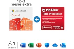 Microsoft 365 Personal | 1 persona |PC/MAC/tableta/teléfono | 12+3 Meses + McAfee Total Protection 2022 | 6 Dispositivo | 12 Meses | PC/Mac/Android/Smartphones - Código de activación por email