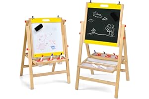 ‎COSTWAY COSTWAY 3 in 1 Kinder Staffelei aus Kieferholz doppelseitig, Whiteboard & Kreidetafel & Zeichenpapier höhenverstellbar/klappbar, Kindertafel mit Ablage und Zubehör (Gelb)