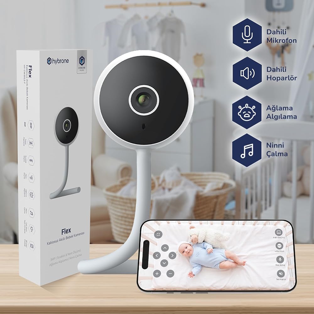 Hybrone Flex Wi-Fi Akıllı Bebek Kamerası, Ağlama Algılama, Ninni Çalma, Sıcaklık ve Nem Ölçümü, Bebeğinizle Uzaktan Konuşma